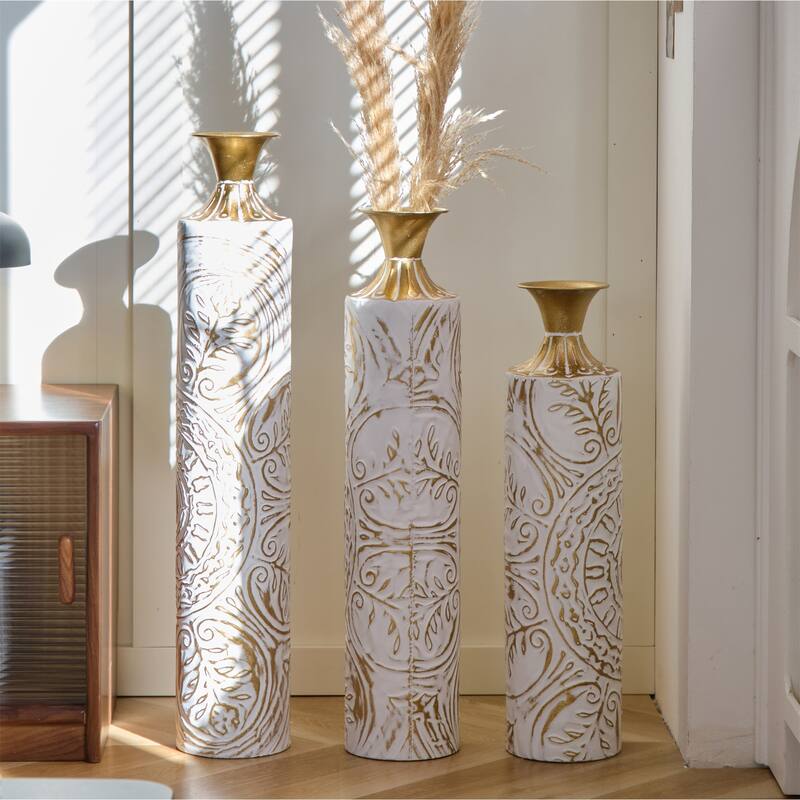Decorated Floor Glazed Metal Vases (Set of 3)