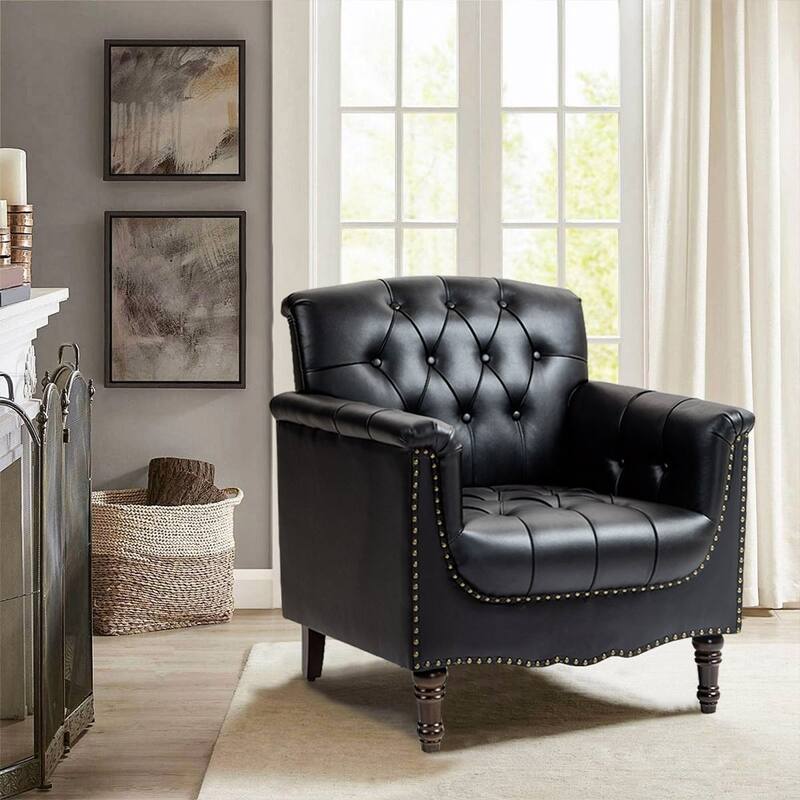 Modern Tufted Accent Chair with Nailhead Trim, Faux Leather Armchair