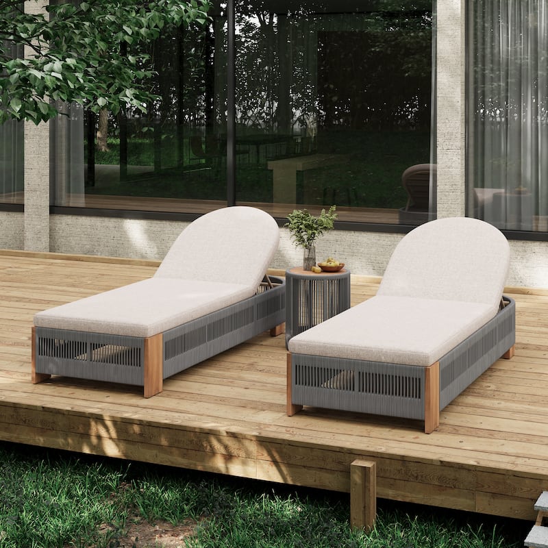 Premium Rope Chaise Lounge Set• Wood Frame with All-Weather Beige Cushions•Includes Adjustable Backrest & Matching Side Table - Grey+Teak