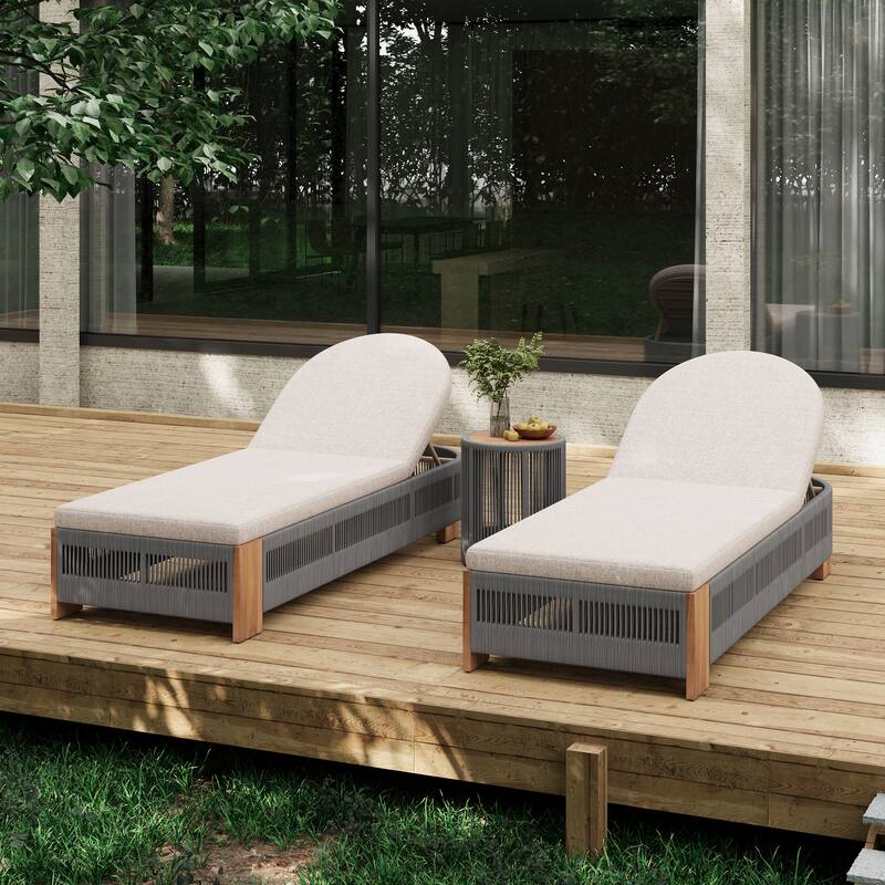 Roomfitters Outdoor Rope Chaise Lounge Set, 2 Adjustable Loungers, Side Table & Beige Cushions, Rope