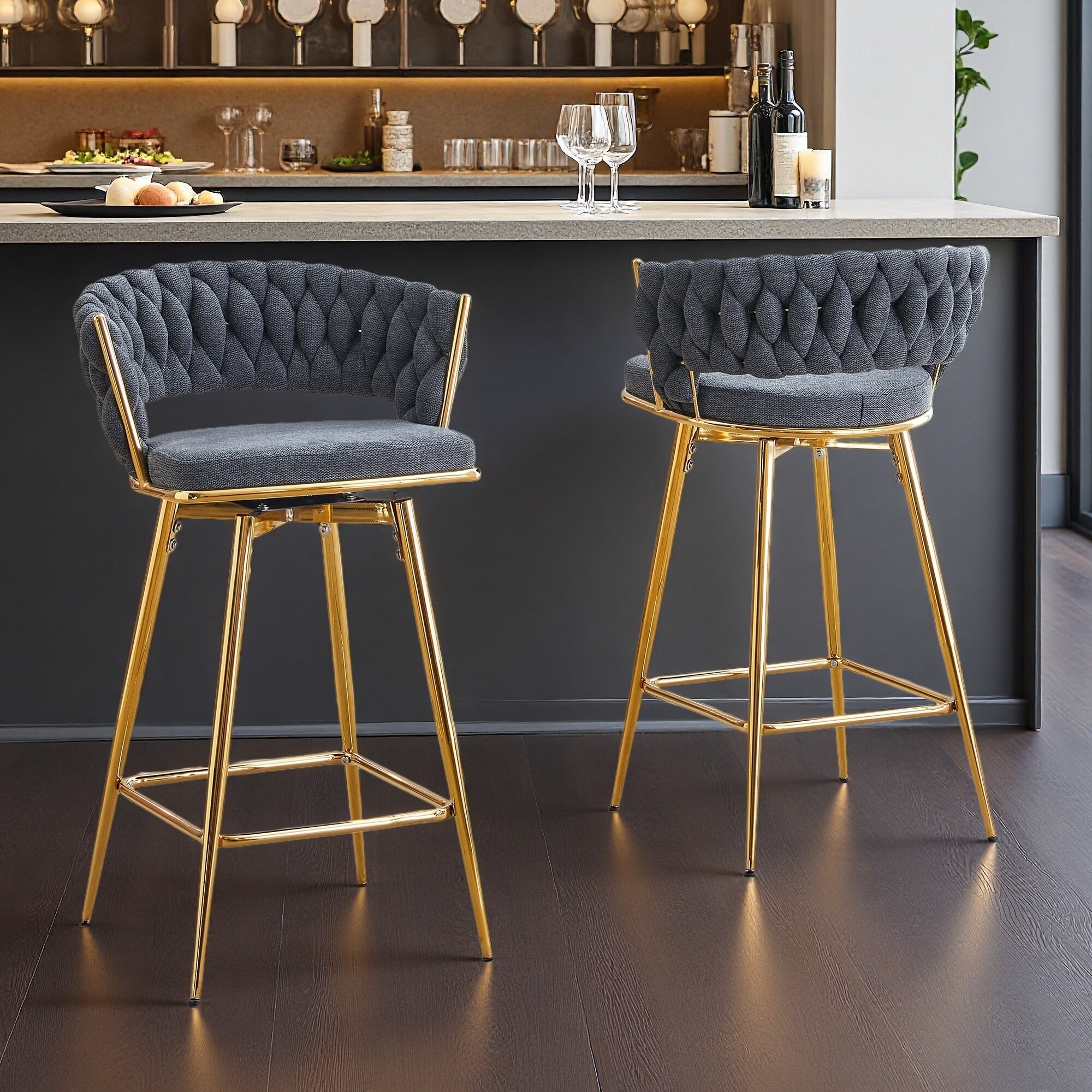 34.6"H Set of 2 Swivel Bar Stools 360° Rotating With Cotton Linen Cushions, Anti-Rust Metal Frame, Non-Slip Foot Ring