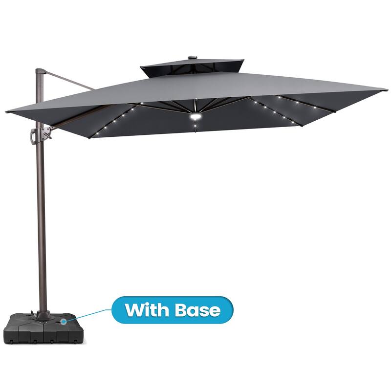 11FT Outdoor Patio Cantilever Umbrella with LED Lights Double Vented Umbrella with Base