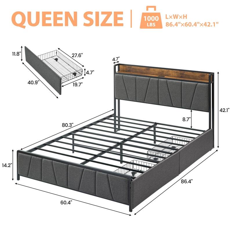 Bed Frame with 2 Storage Drawers and Charging Station