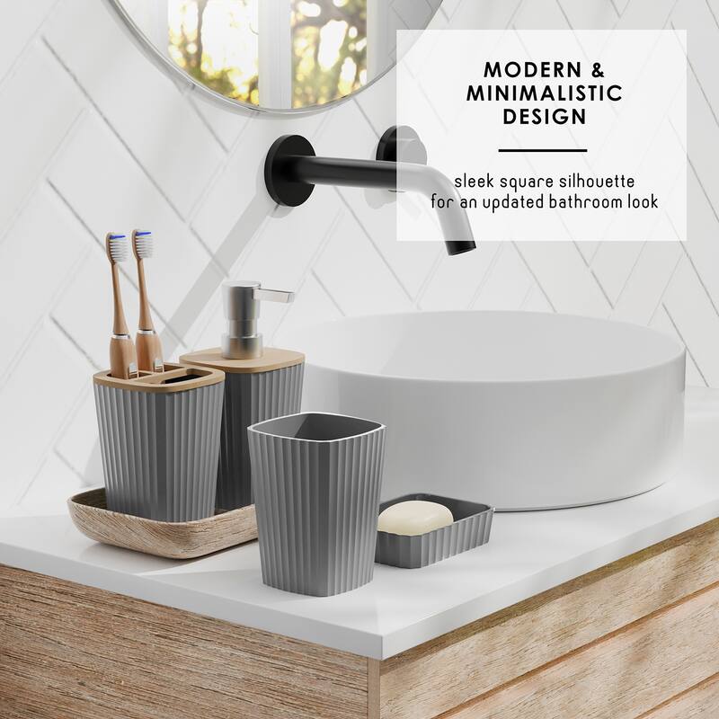 Empyrean Bamboo Bathroom Accessories Set with Shower Curtain Set, Toilet Brush, Trash Can & Soap Dispenser