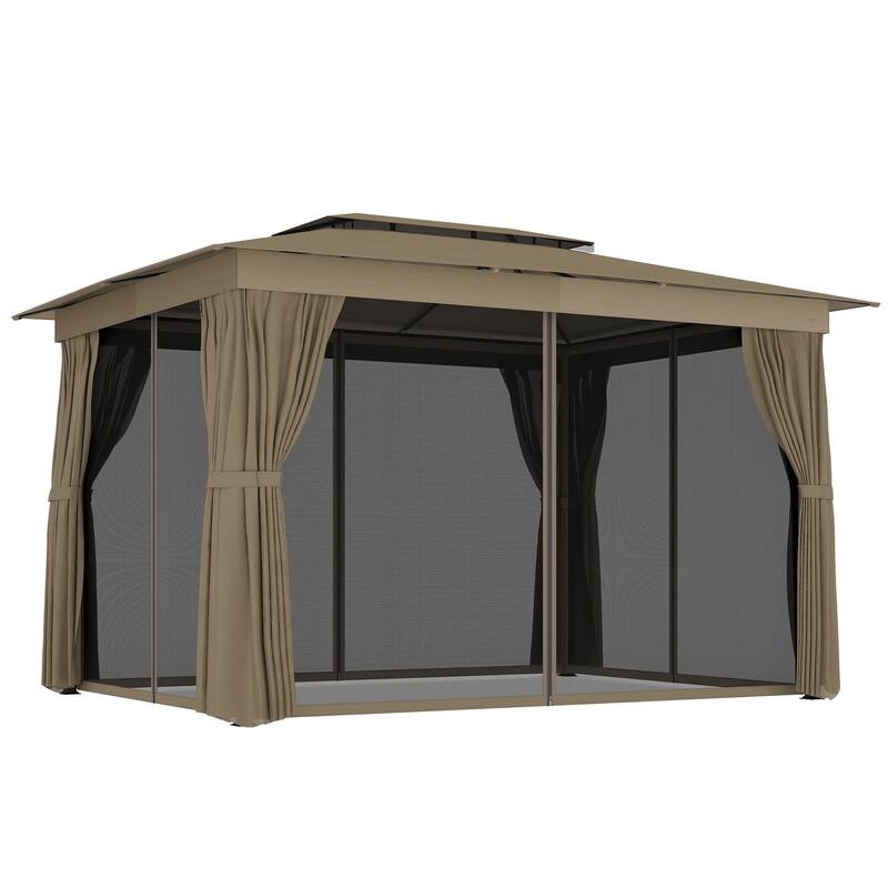 Outsunny 10' x 12' Outdoor Patio Gazebo, Soft Top Gazebo Canopy Shelter with Double Roof, Curtains, Netting, Steel Frame
