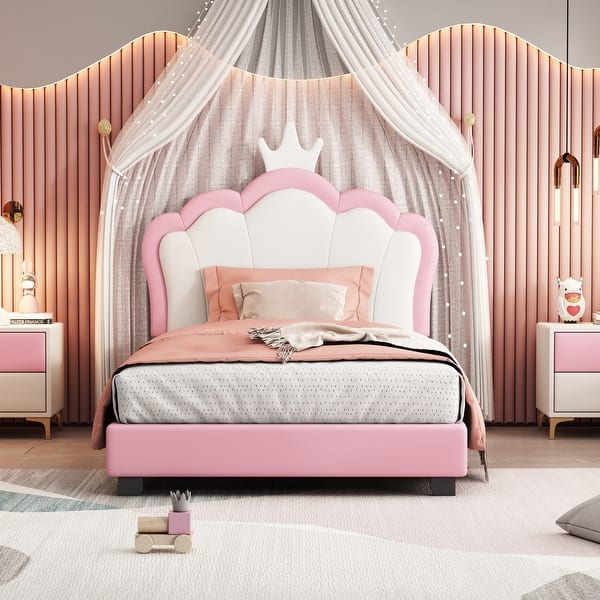 slide 2 of 19, Twin Size Upholstered Princess Bed with Crown Headboard, Platform Bed with Headboard and Footboard, White+Pink White