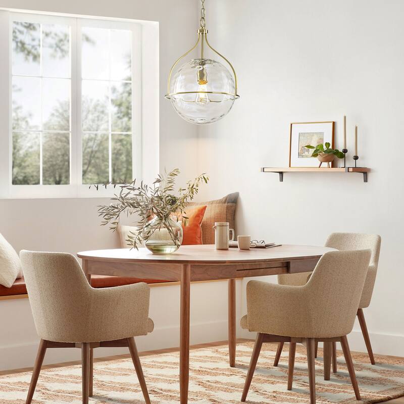 1-Light Modern Transitional Metal & Glass Pendant with Water-Ripple Glass Sphere for Living Room - 13.2" W x 19.3" H