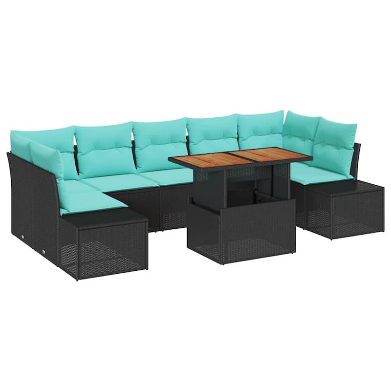 vidaXL 8 Garden Sofa Set with Cushions Black/Grey Poly Rattan - 113.8 x 60.6 x 27.2