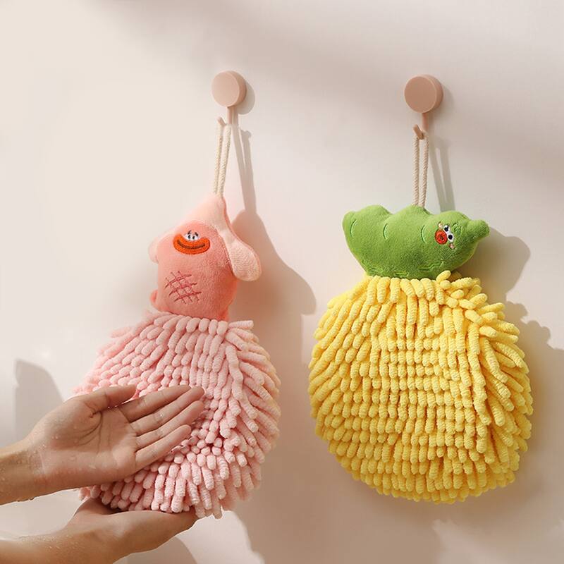 Cute Cartoon Fuzzy Ball Hand Towels, Soft and Quick Dry Decorative Hanging Hand Towel Set for Bathroom, Kitchen, Toilet - Yellow - 4 Pack