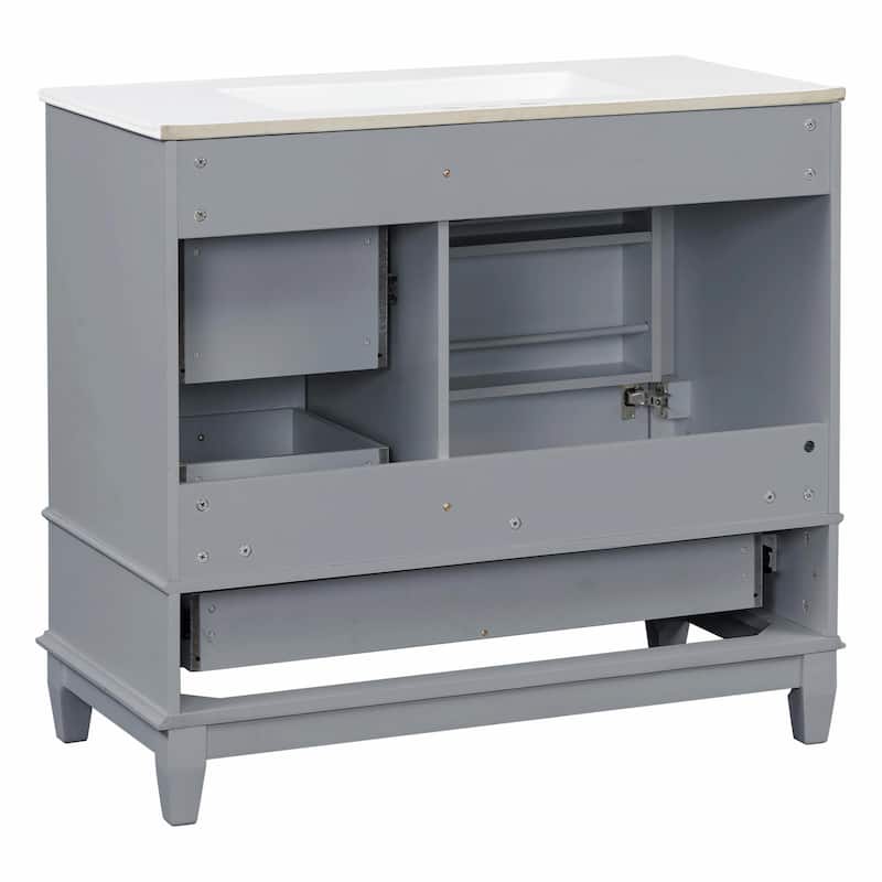 36" Bathroom Vanity with Ceramic Sink, MDF & Solid Wood Base, 3 Drawers and Cabinet with Shelves