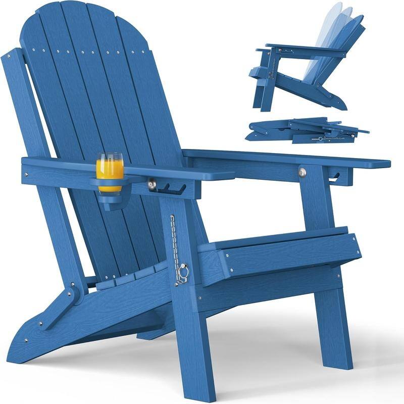 WINSOON Outdoor All-Weather HDPE Folding Adirondack Chair with Cup Holder & Adjustable Back - Blue