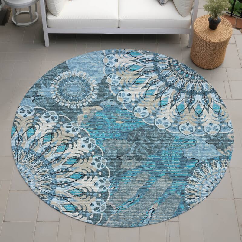 Machine Washable Indoor/ Outdoor Traditional Pinwheel Chantille Rug - Teal - 8' x 8'
