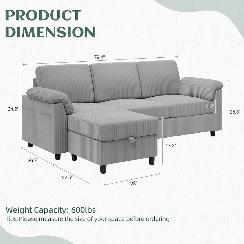Corduroy Sectional Sofa Couch with Storage