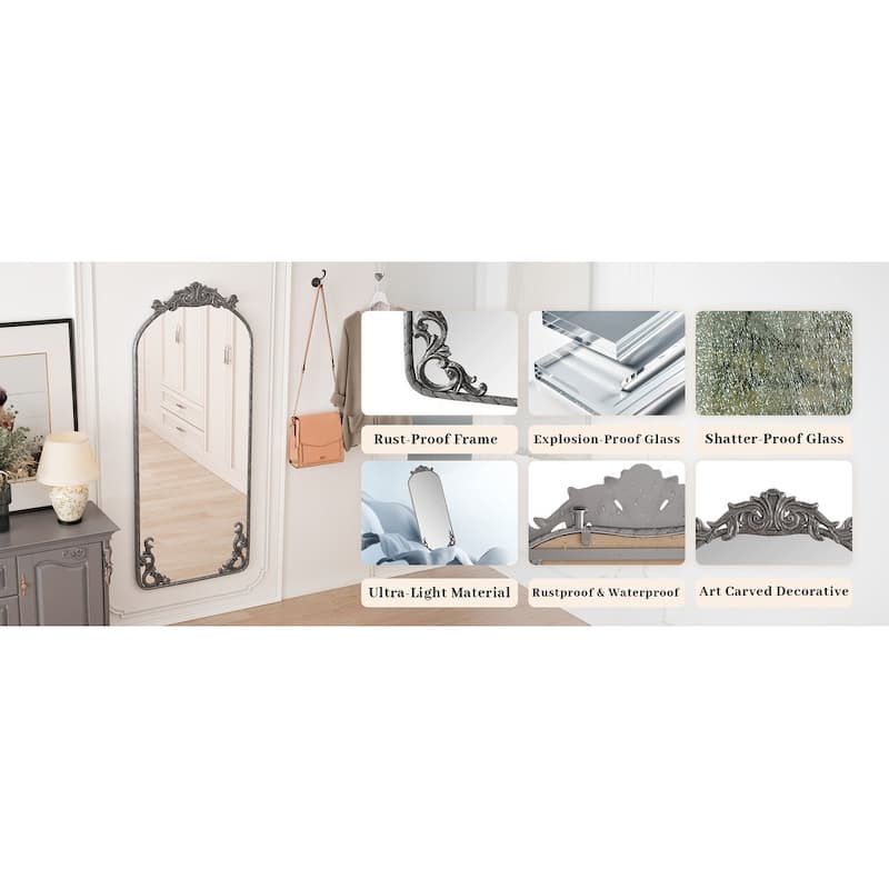 58"x24" Arched Full Body Hanging Wall Mounted Mirror with Vintage Ornate Carved Applique on Top and Bottom