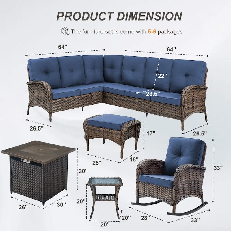 Gymojoy L-Shaped Outdoor Sectional Sofa Set with Fire Pit, Rocking Chairs & Ottomans
