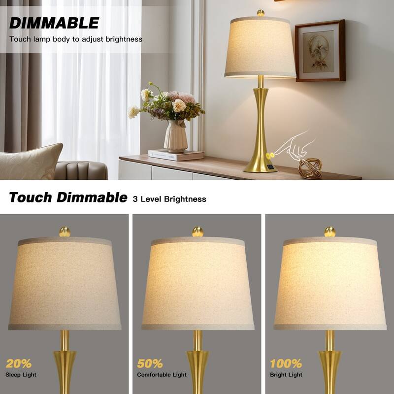 27.5'' Modern Table Lamps with USB-A & USB-C Charging Ports, 3-Way Touch Dimmer, Gold Finish Includes 9W LED Bulbs (Set of 2)