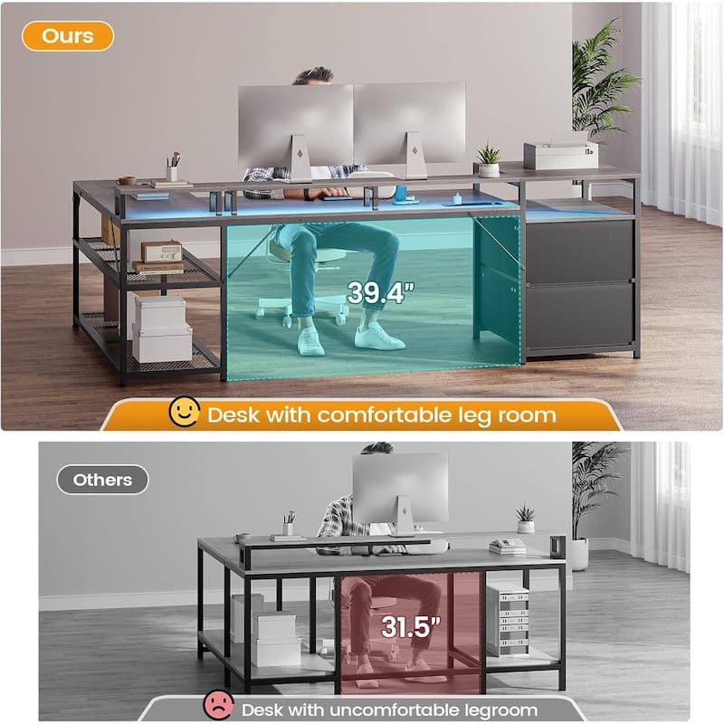 67" L Gaming Shaped Desk Storage Shelves Power Outlet 2 Drawers