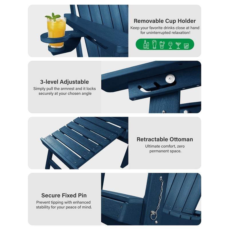 WINSOON Outdoor All-Weather HDPE Folding Adirondack Chair with Ottoman, Cup Holder & Adjustable Back Set of 2