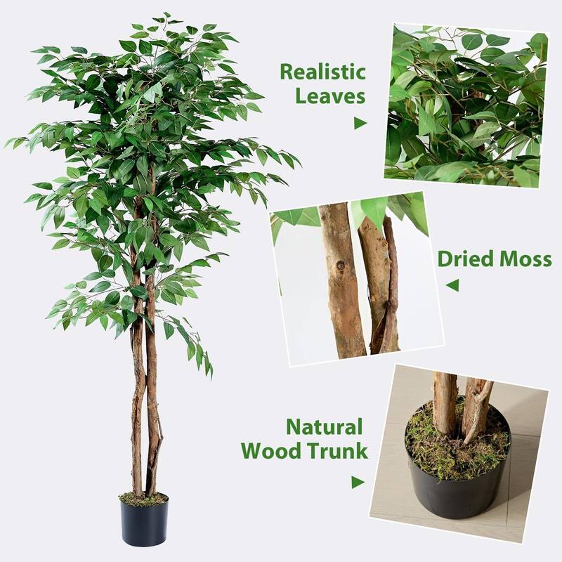 VECELO Artificial Ficus Tree with Natural Wood Trunk, Faux Plant for Office Home, Indoor Outdoor Decor, 1 Pack