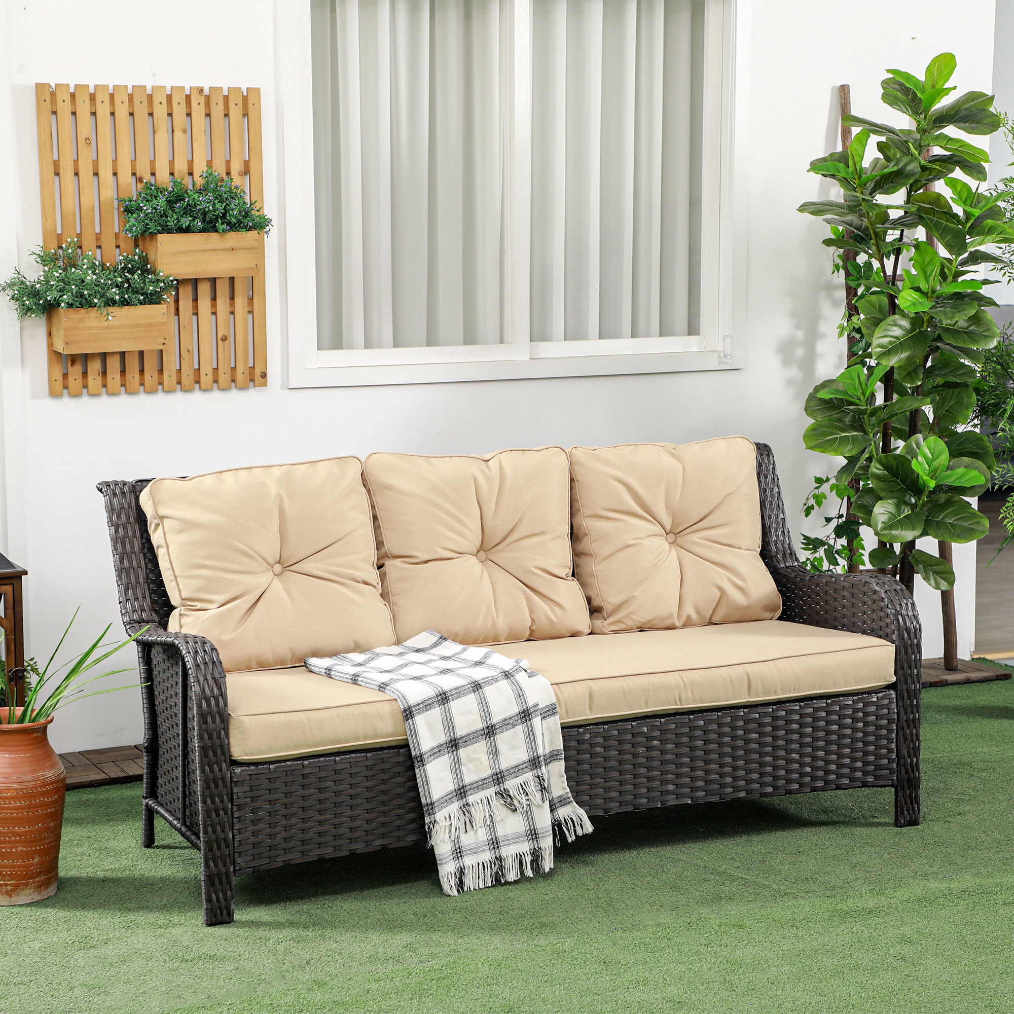 Outsunny Thick Cushioned 3 Seater Outdoor Sofa Curved Armrests Outdoor Couch Beige