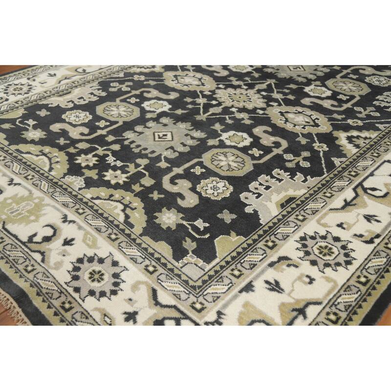 Black Oushak Indian Area Rug Hand-Knotted Wool Carpet - 9'1" x 11'9"