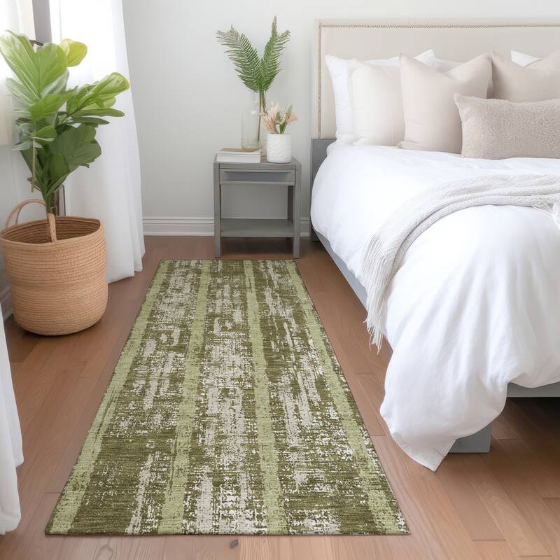 Premium Washable Super Soft Stripe Abrash Mayfield Rug - Olive - 2'3" x 7'6"