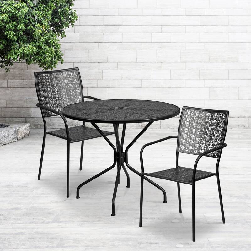 35-inch Round Steel 3-piece Patio Table Set with Square Back Chairs - Black