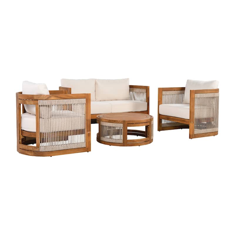4-Piece Patio Seating Group w/ 2 Chairs, Loveseat & Table Premium Acacia Wood Outdoor Furniture Set