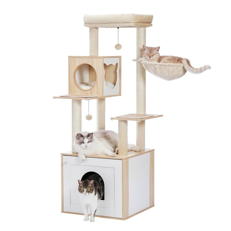 56.7" Cat Tree with Enclosure Large Litter Box, Cozy Cat Condo, Scratching Post and Repalcable Dangling Balls