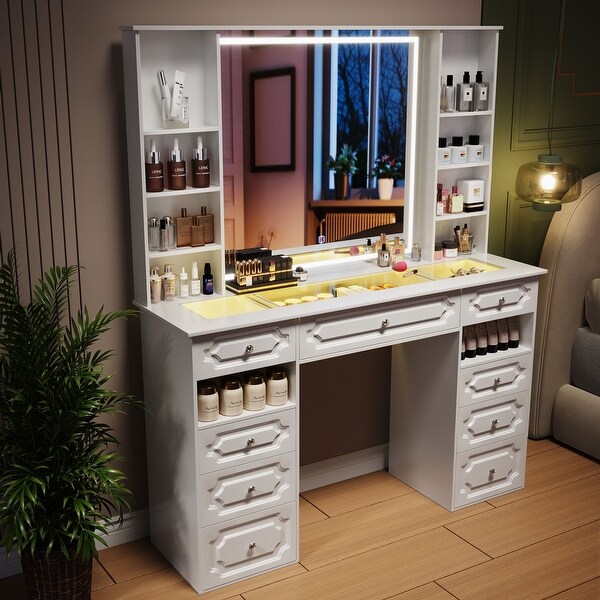 Large vanity with mirror and lights discount