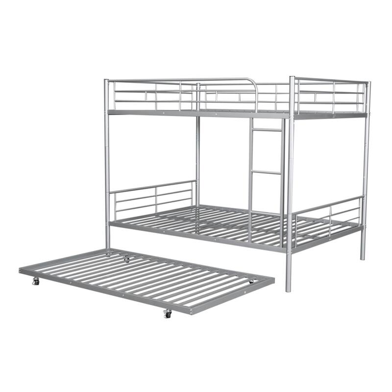 Full Over Full Metal Bunk Bed with Trundle, Silver Finish, Sturdy Iron Frame