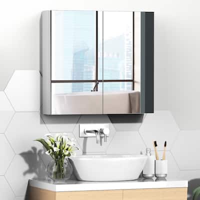 kleankin Wall Mounted Bathroom Medicine Cabinet with Mirror Steel Frame and Storage Organizer Double Doors, White