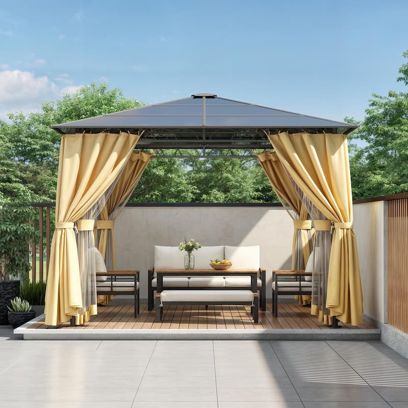 10'x10' Hardtop Patio Gazebo with Privacy Curtains and Mosquito Netting