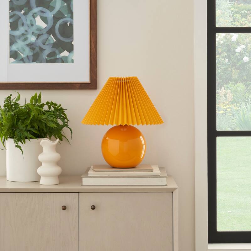 Nourison 13" Round Ceramic Table Lamp with Pleated Shade - Yellow/Orange