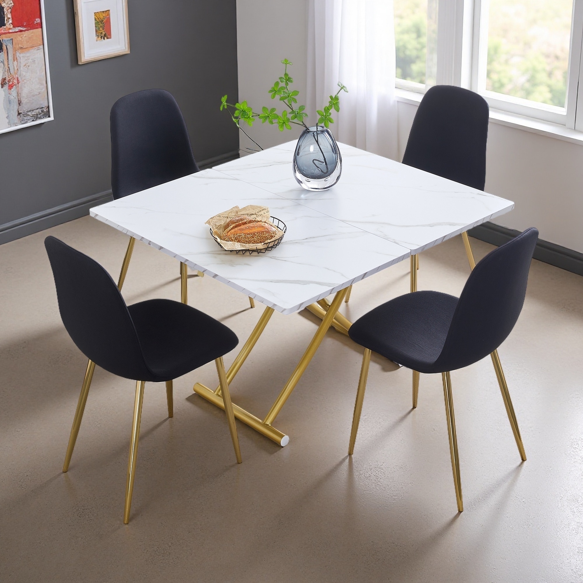 Modern Minimalist Multifunctional Lifting Platform Dining Set, MDF Desktop, Paired with 4 Linen Fabric Chairs