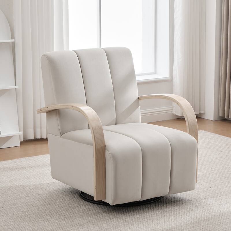 30.3"W Upholstered Swivel Accent Chair with Solid Wood Armrests, Channel Tufted Lounge Chair Single Reading Sofa Chair