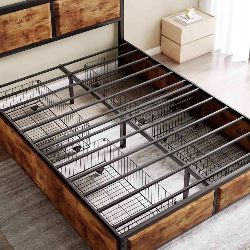 VECELO Upholstered Full/Queen Size Brown Platform Bed Frame with 4 Storage Drawers and Headboard