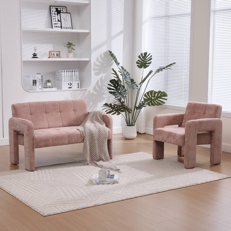 Modern 2-Seater Sofa Armchair with Chenille Fabric, for Living Rooms, Bedrooms, Lounges and Reading, Pink
