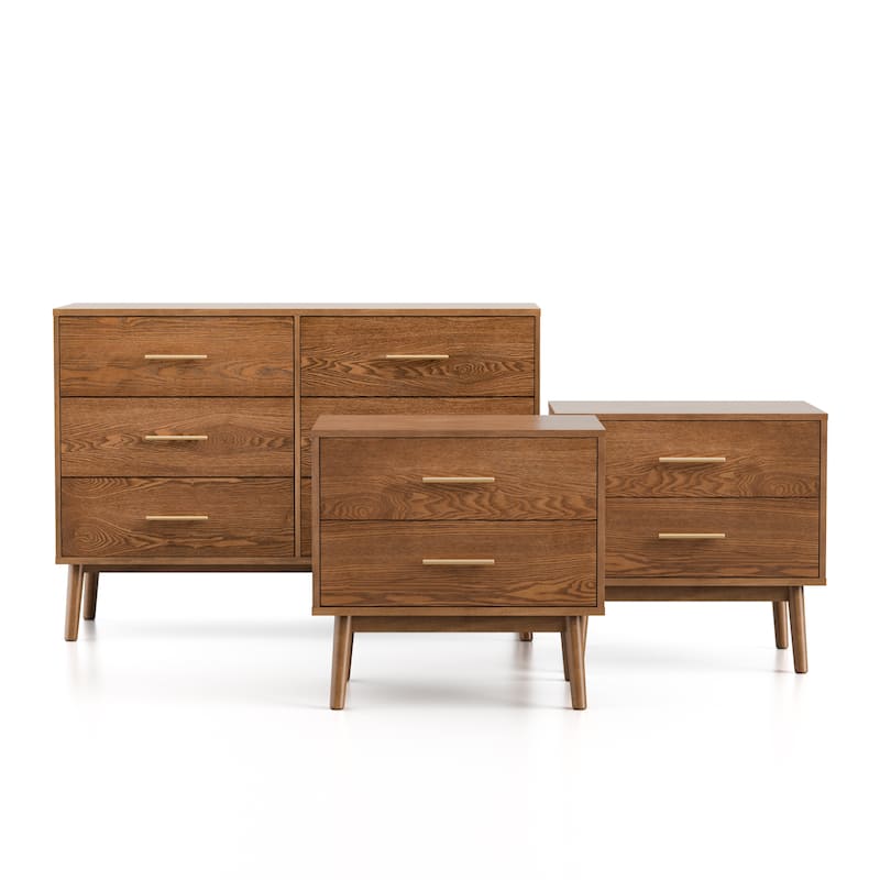 Furniture of America Beau Midcentury 3-Piece Walnut Dresser and 2 Nightstand Bedroom Set