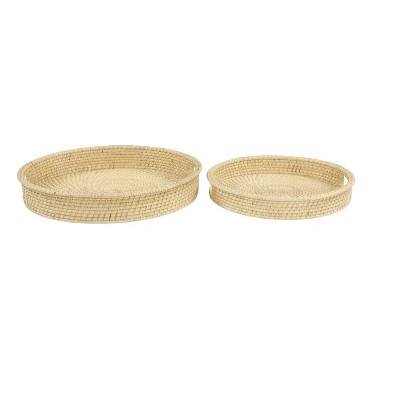 Cream Rattan Living Room Decor Tray with Slot Handles (Set of 2) - 20 x 20 x 3Round