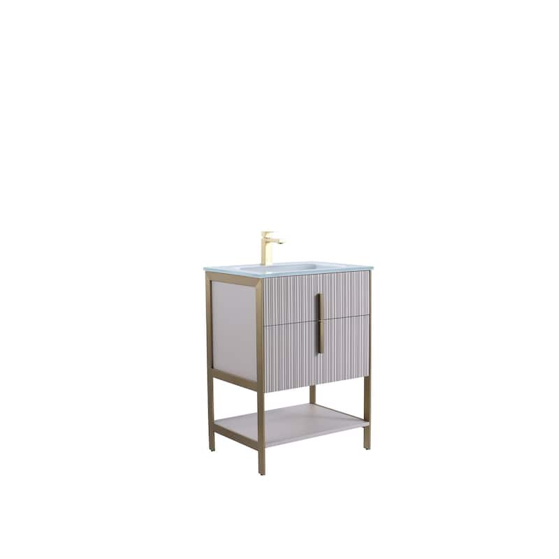 Fine Fixtures Serenity Modern Bathroom Vanity with White Glass Top - Bright Taupe - Brass Hardware - 24 inch