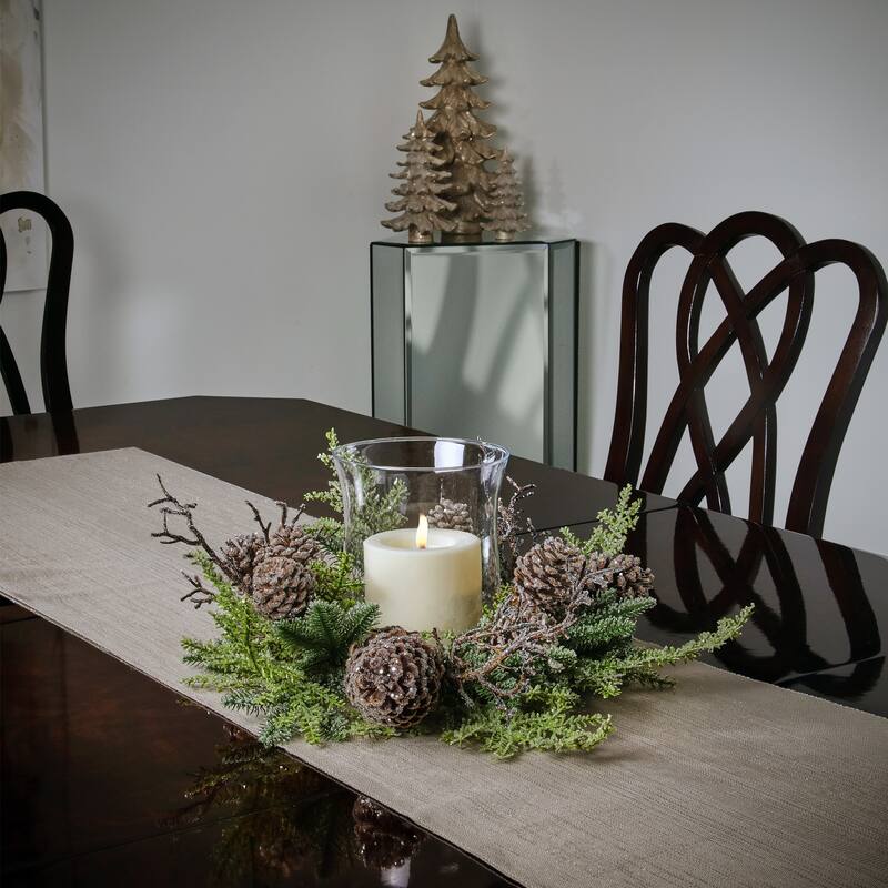 22" Iced Northwoods Evergreen Pinecone Hurricane Centerpiece