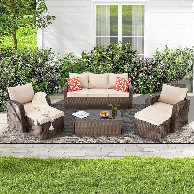 EROMMY 6/7 Piece Modular Outdoor Rattan Sofa Set, All-Weather Wicker Patio Furniture with Storage Table, Cushions & Pillows