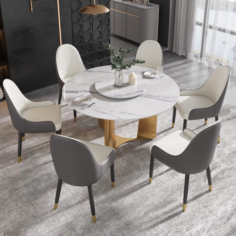 53" Modern Round Dining Table with Marble Top for 4-6, Sintered Stone Kitchen Table with Dining Table with Metal Legs - 1.35W+60W+Gold