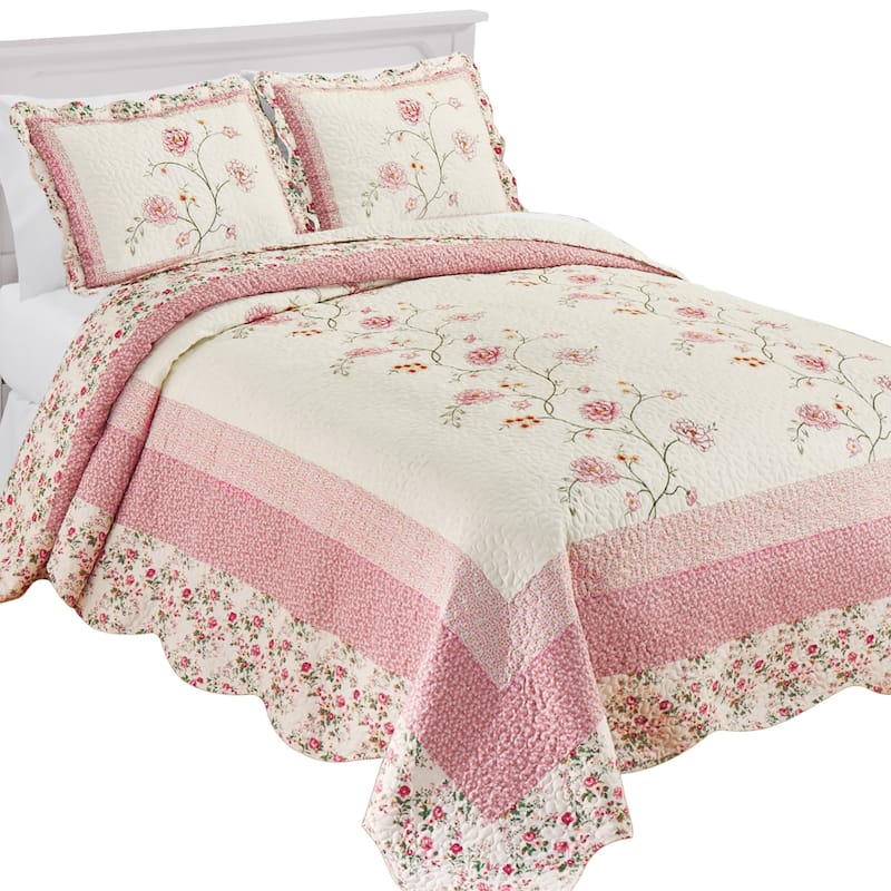 Floral Embroidered Scalloped Edge Quilted Bedspread