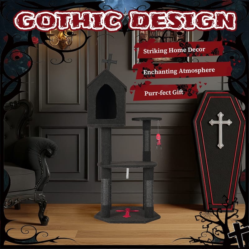 57" Gothic Cat Tree with Multi-Level Platforms and Scratching Posts Cozy Condo and Coffin Bed