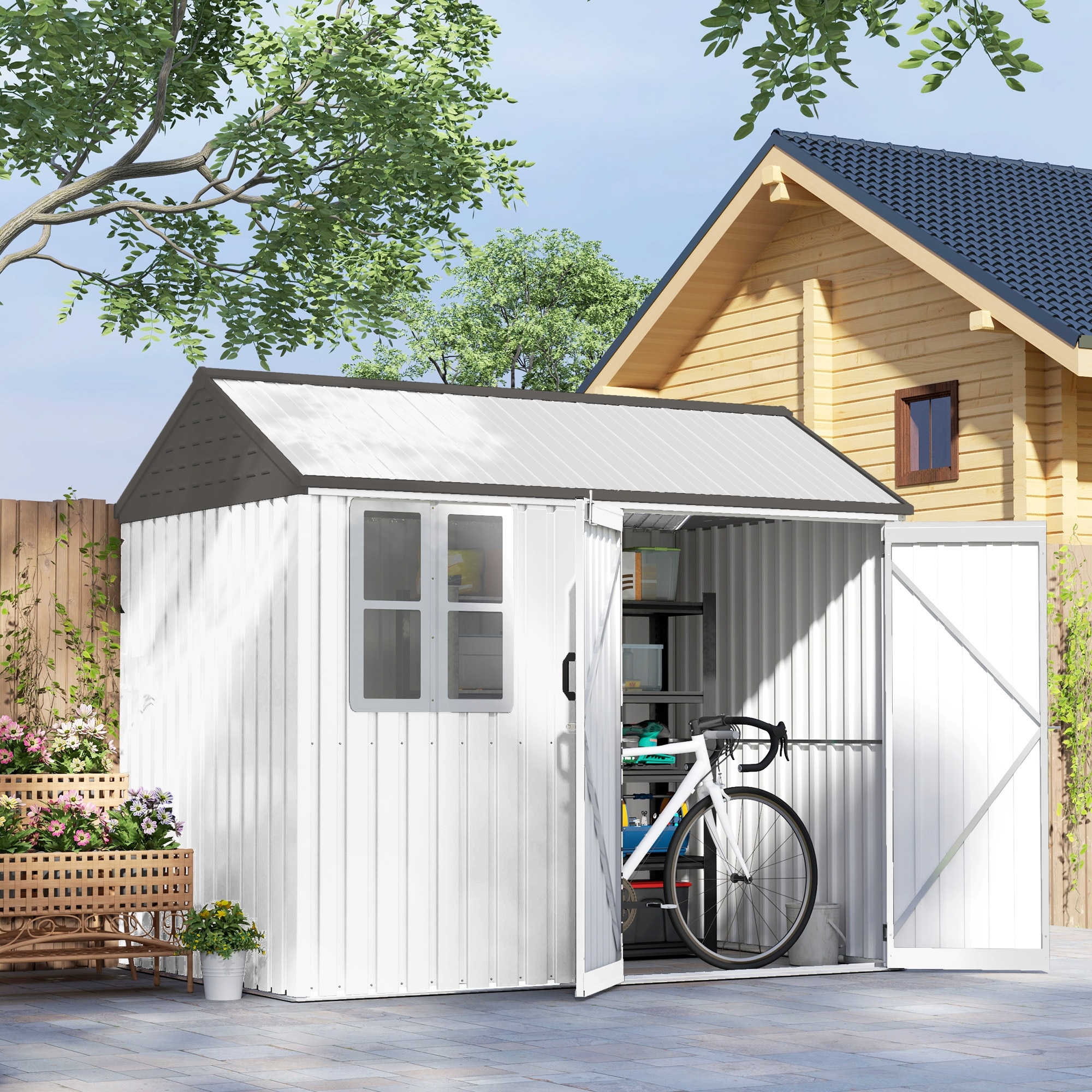 Outsunny 8' x 6' Outdoor Storage Shed, Metal Garden Shed with Window & Double Lockable Door, Outdoor Tool Shed Storage
