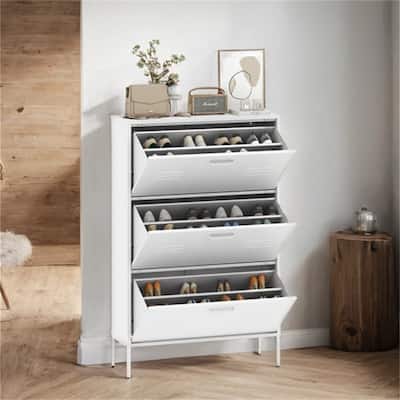 Freestanding Shoe Storage Cabinet with 3 Flip Drawers and Metal Frame