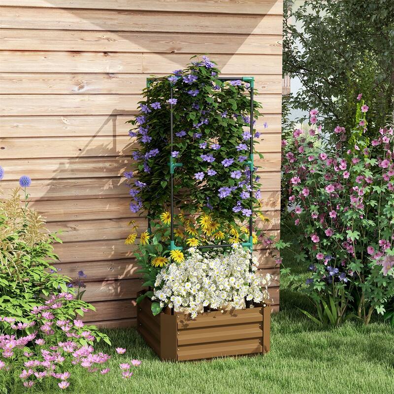 Galvanized Steel Raised Garden Bed with Adjustable Trellis for Vegetables Fruits and Flowers Outdoor Planter