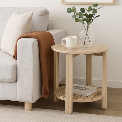 Fowl Round Side End Table, Slatted Lower Shelf, 22 Inch Natural Brown